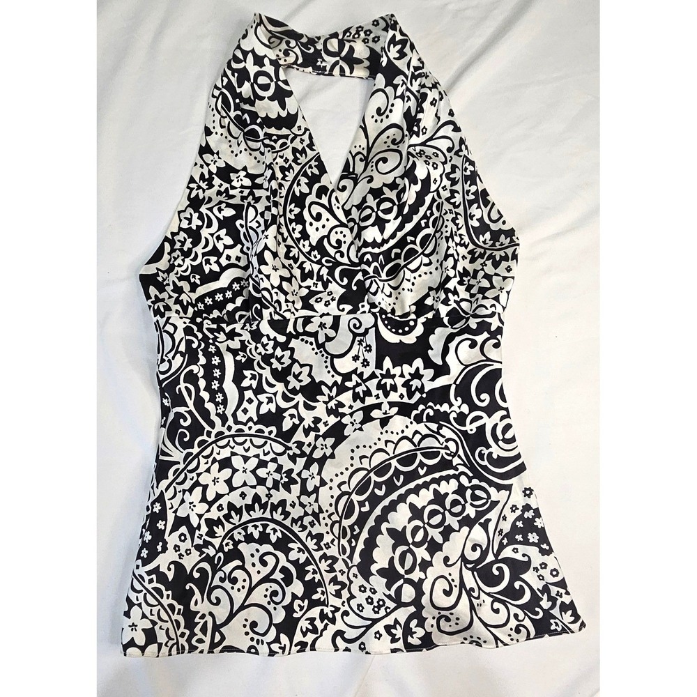 Express Womens XS Black White Paisley Floral Halter Top V-Neck Sleeveless Boho